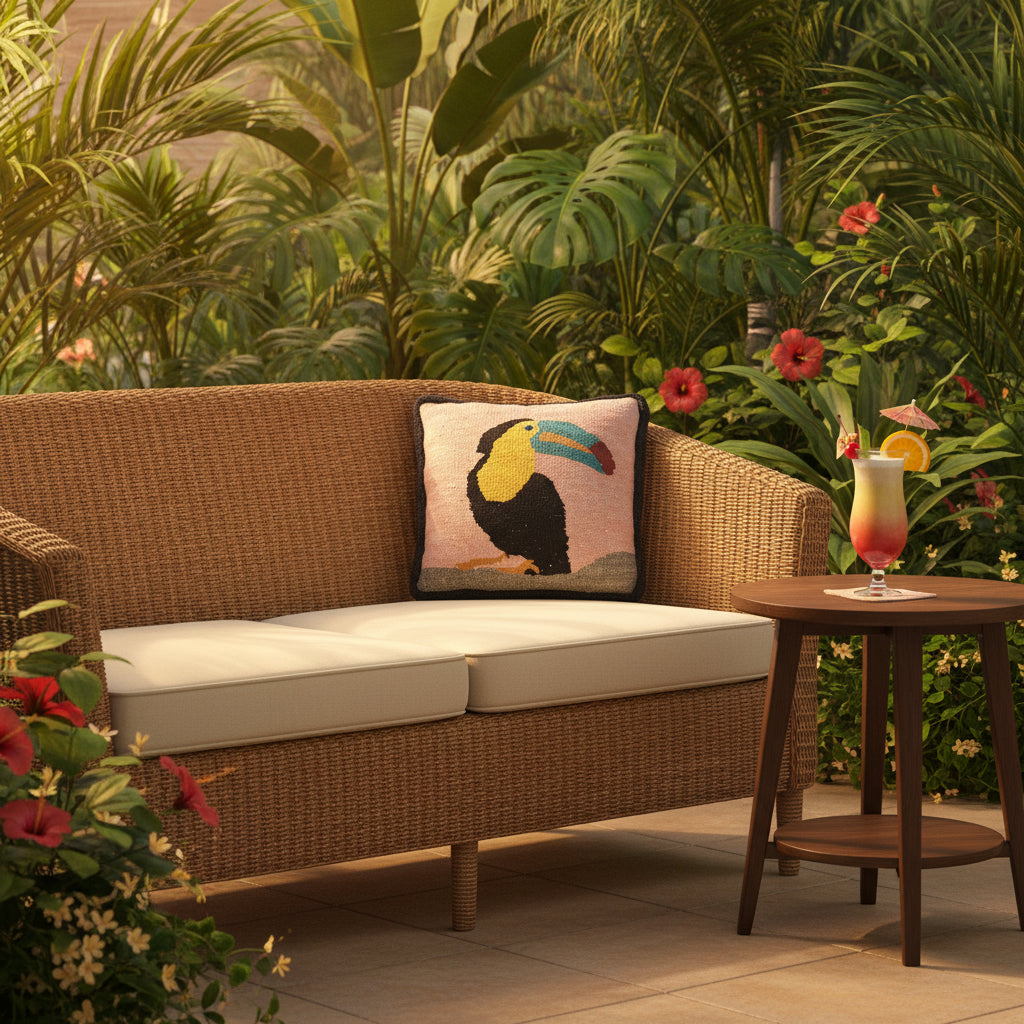 A square decorative throw pillow featuring a hand-knotted toucan design on a dusty pink background with a black border.